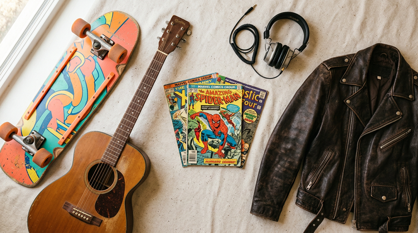 A collection of valuable items for trading, including a skateboard, guitar, and jacket, arranged neatly on a flat surface.