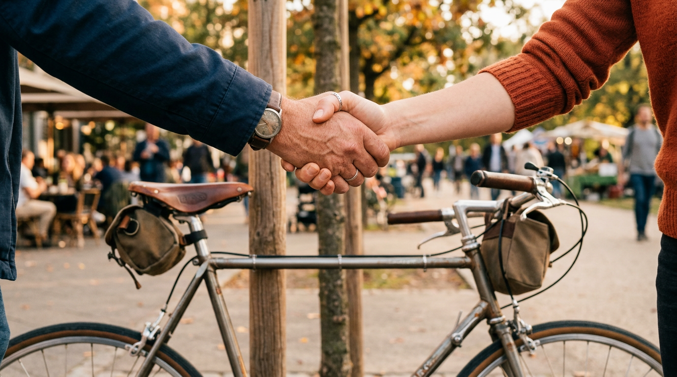 Two people shaking hands to finalize a trade, emphasizing safety and community.