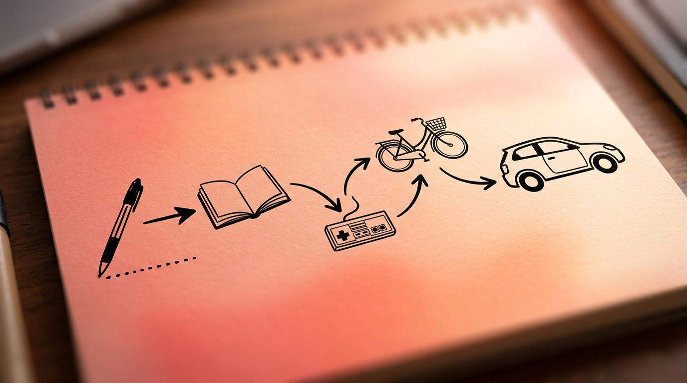A diagram illustrating a strategic trade-up plan, from a small item progressing to a high-value car.