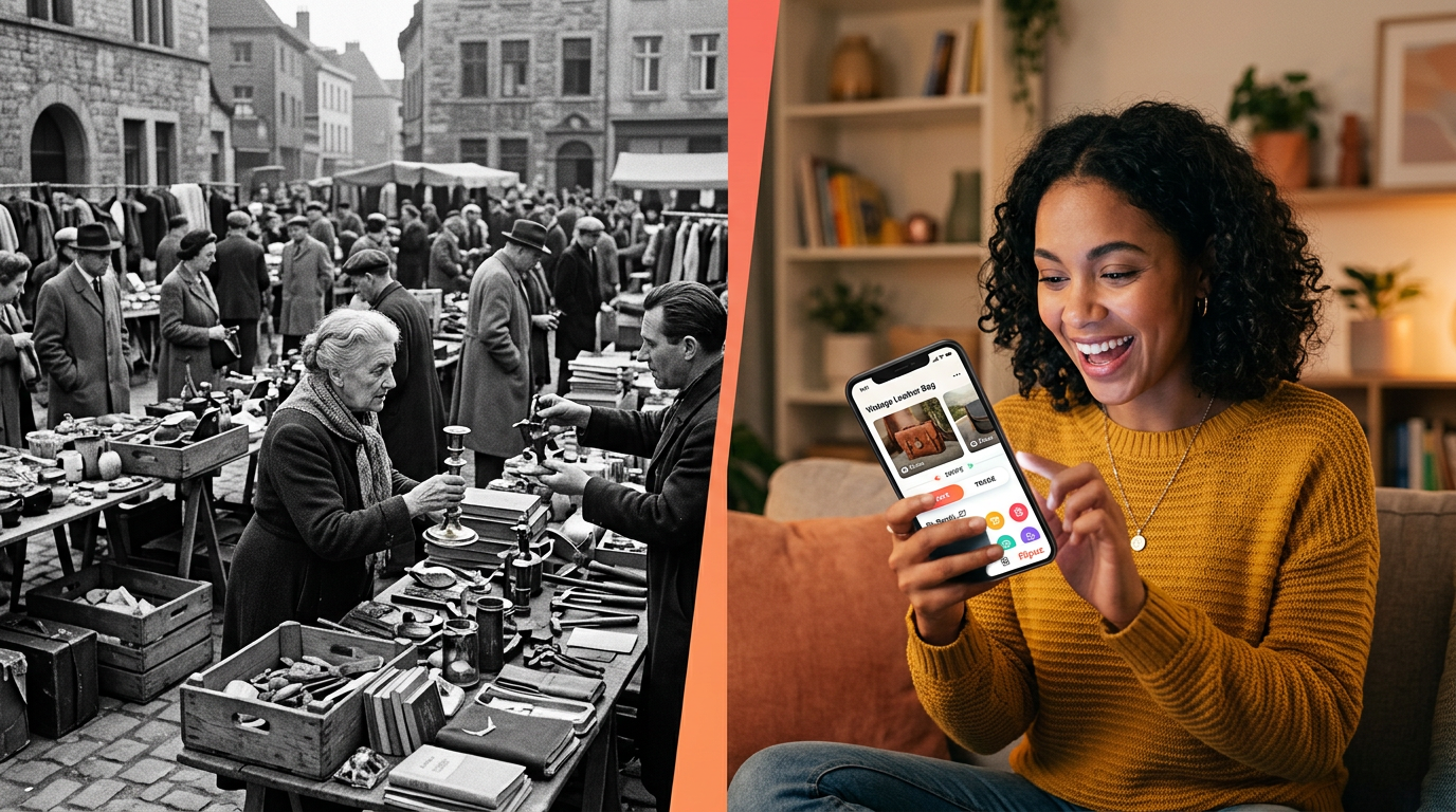 An image contrasting old-fashioned bartering at a market with modern, app-based gamified trading on a smartphone.