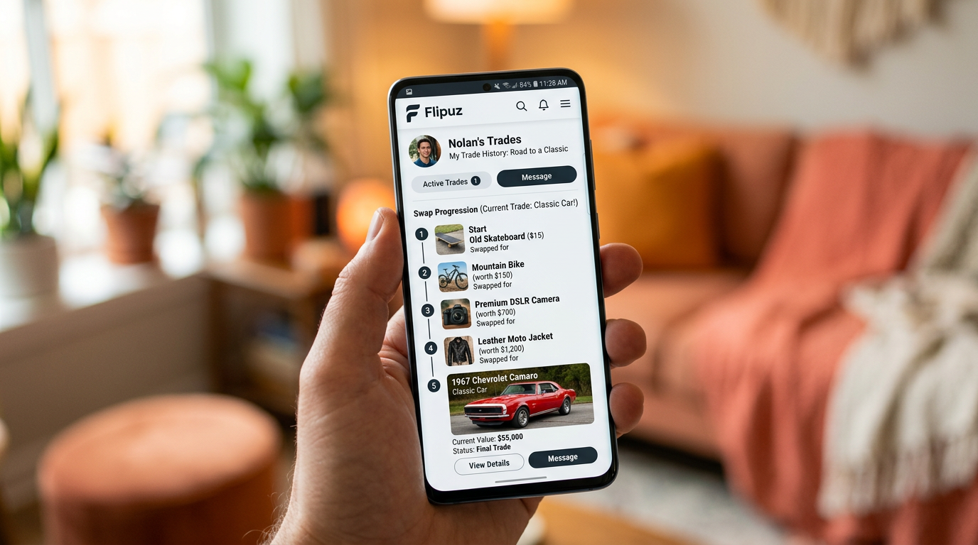 A user's trade-up history displayed on the Flipuz item trading app.