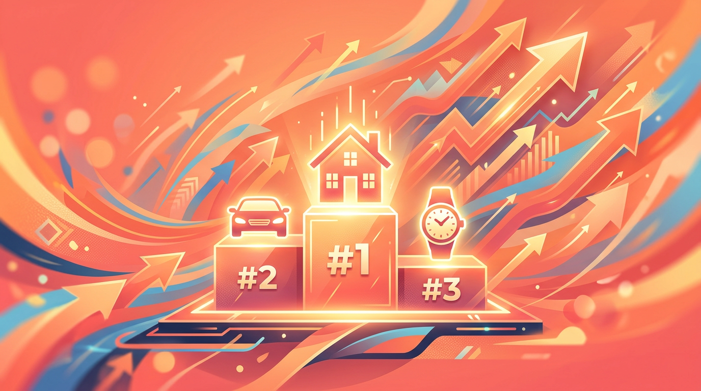 An illustration of a trade up leaderboard podium with icons for a house, car, and watch.