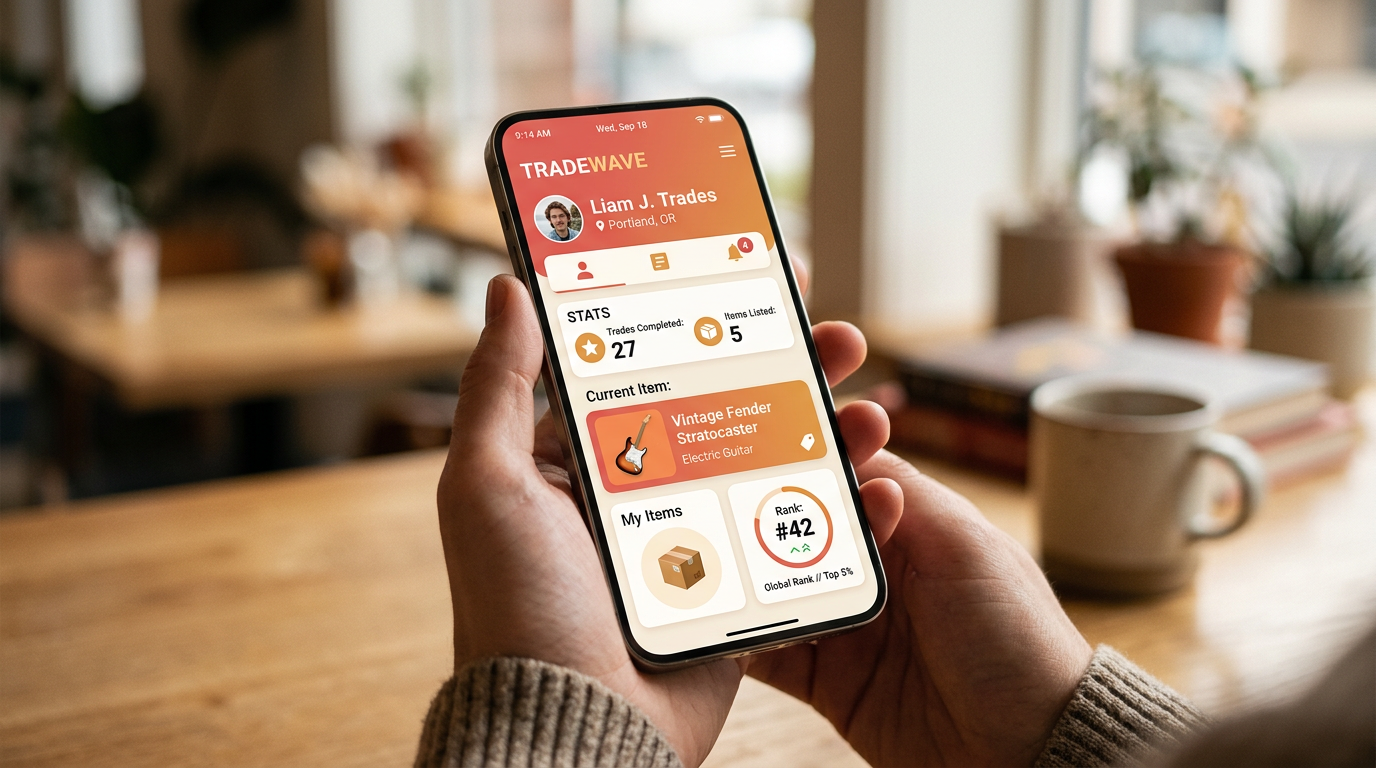 A smartphone screen displaying a user's stats on the Flipuz trade up leaderboard app.