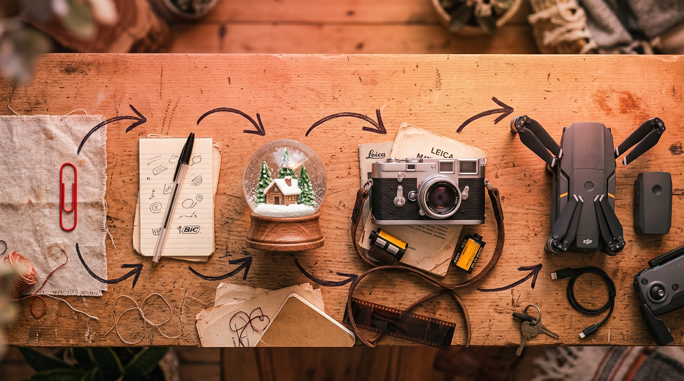 A visual representation of a trade-up sequence, starting with a paperclip and ending with a drone.