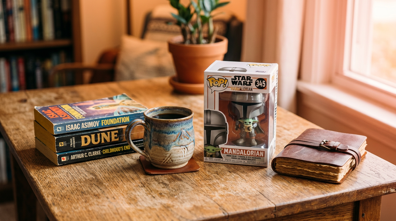 A collection of cool starter items for a trade up challenge, like a vintage book and a coffee mug.