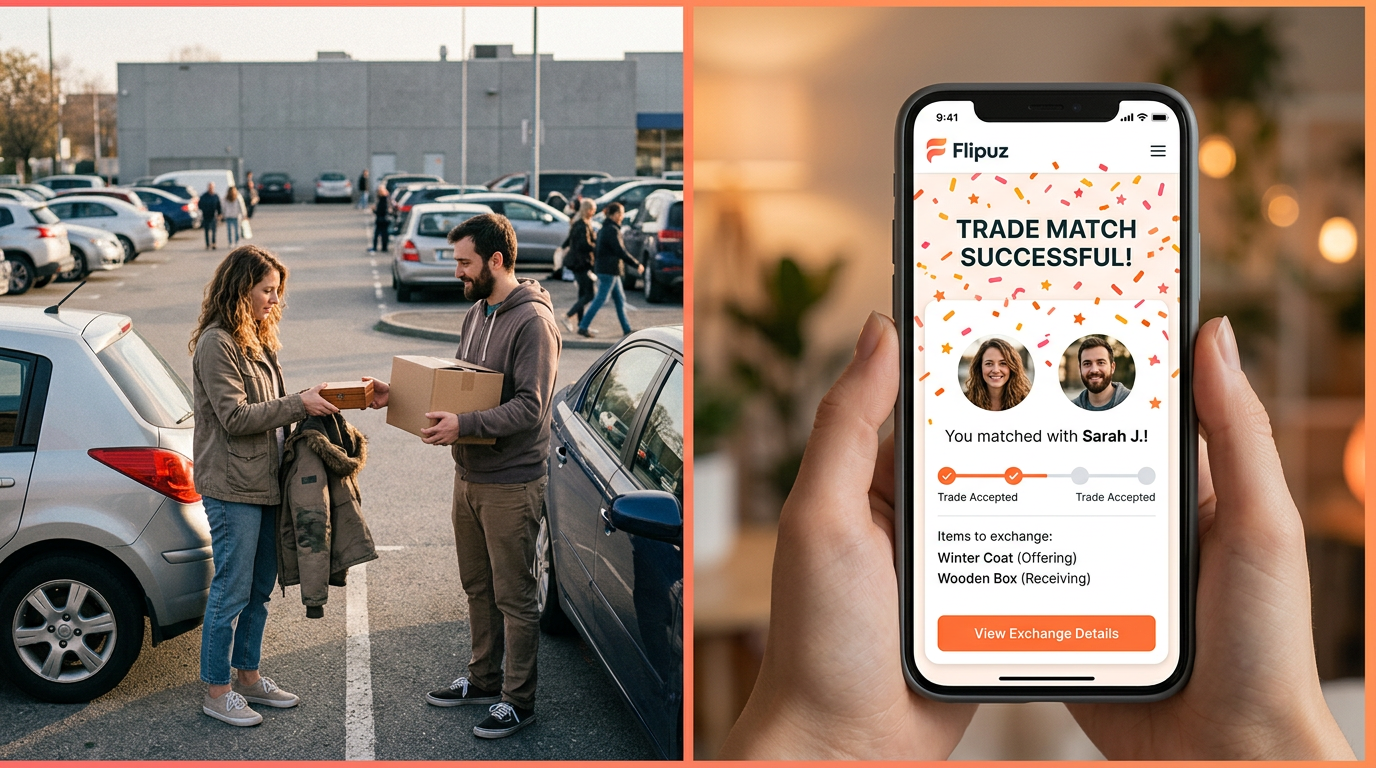 Comparing a difficult in-person trade to a simple, successful trade on the Flipuz app.
