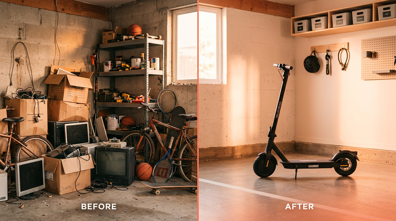 A before-and-after image showing a cluttered garage transformed into an organized space with a valuable scooter obtained through bartering.
