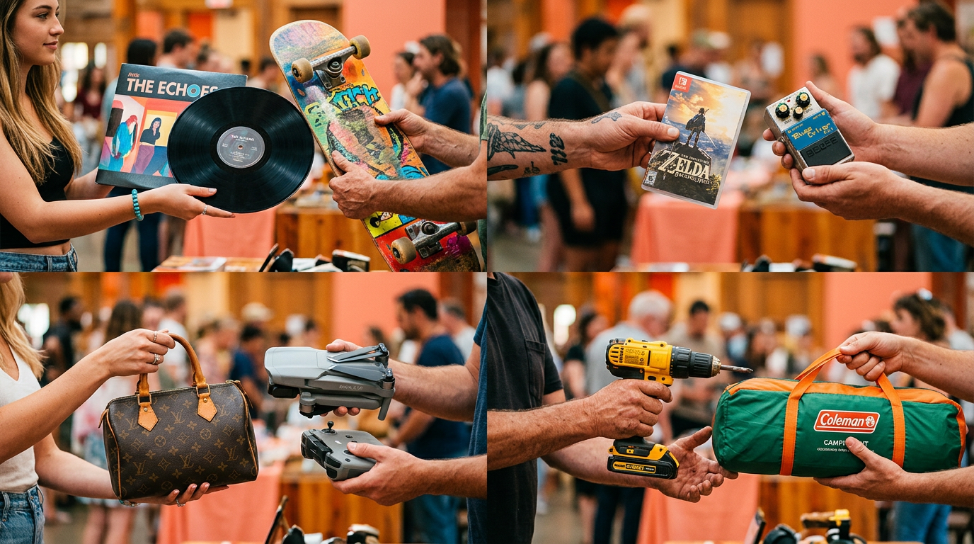 A collage showing various people successfully swapping different items like skateboards, drones, and handbags using an online barter app.