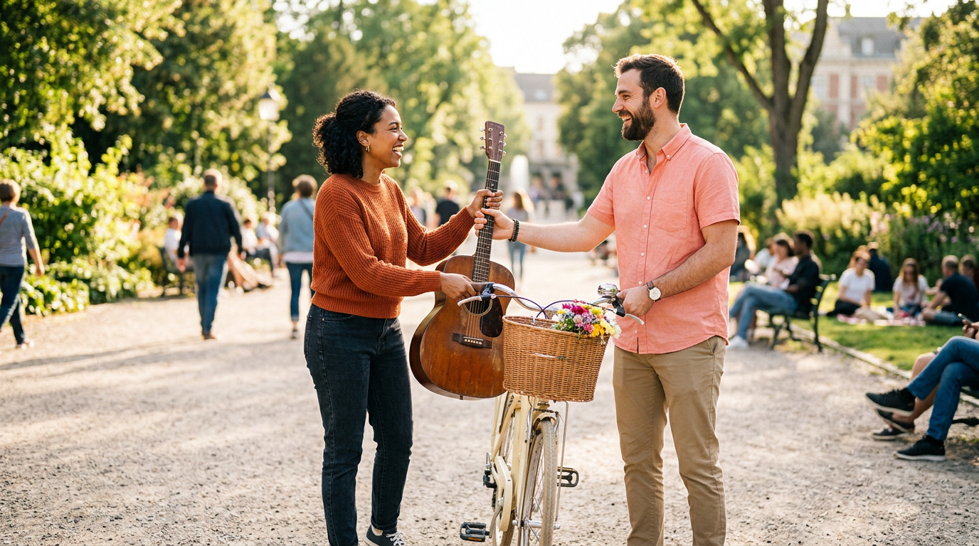 Two people meeting in a park to safely trade items and complete a swap.