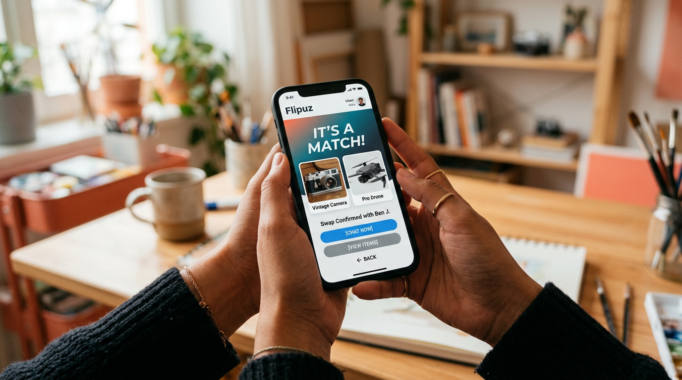 A user making a successful trade match on the Flipuz app on their smartphone.