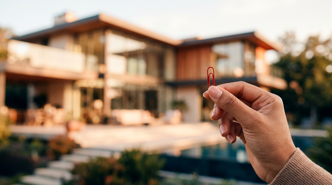 Hand holding a single red paperclip with a house blurred in the background, representing the start of a trade up challenge.