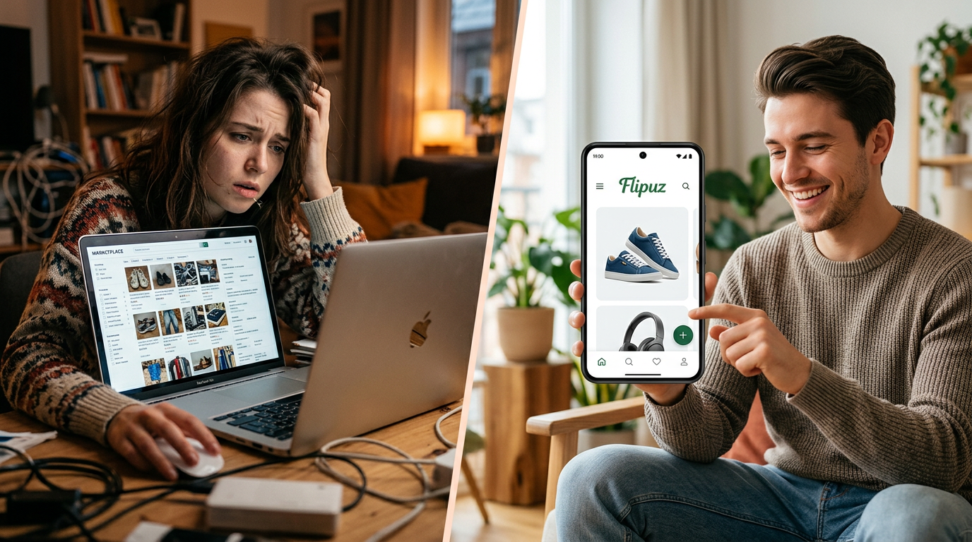 A comparison showing the frustrating experience of old trading sites versus the easy, fun experience of the Flipuz app.