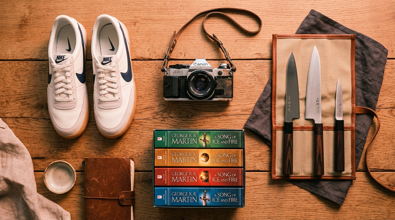 A collection of potential items to start a trade-up challenge, including sneakers, a camera, and books.