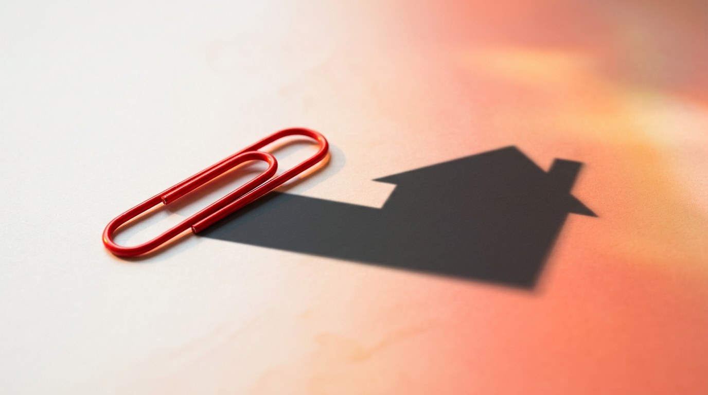 A red paperclip with a shadow in the shape of a house, symbolizing the goal of a trade up challenge.