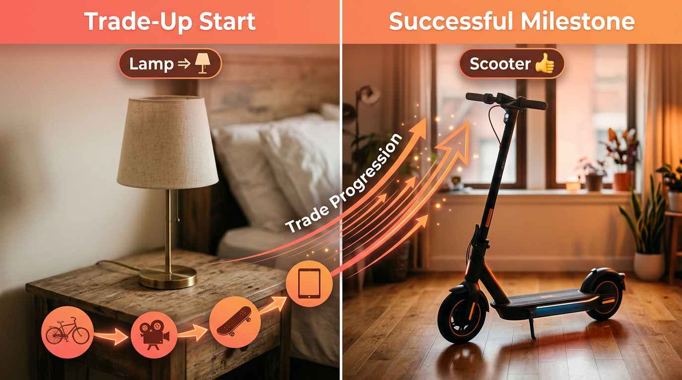 An infographic illustrating the successful progression of a trade up challenge from a small item to a large one.