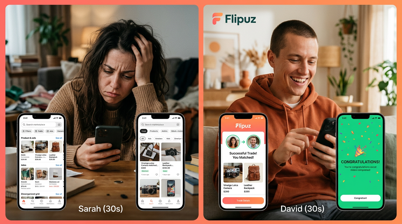 A comparison showing a frustrating experience on a regular marketplace versus a joyful, easy trading experience on the Flipuz app.