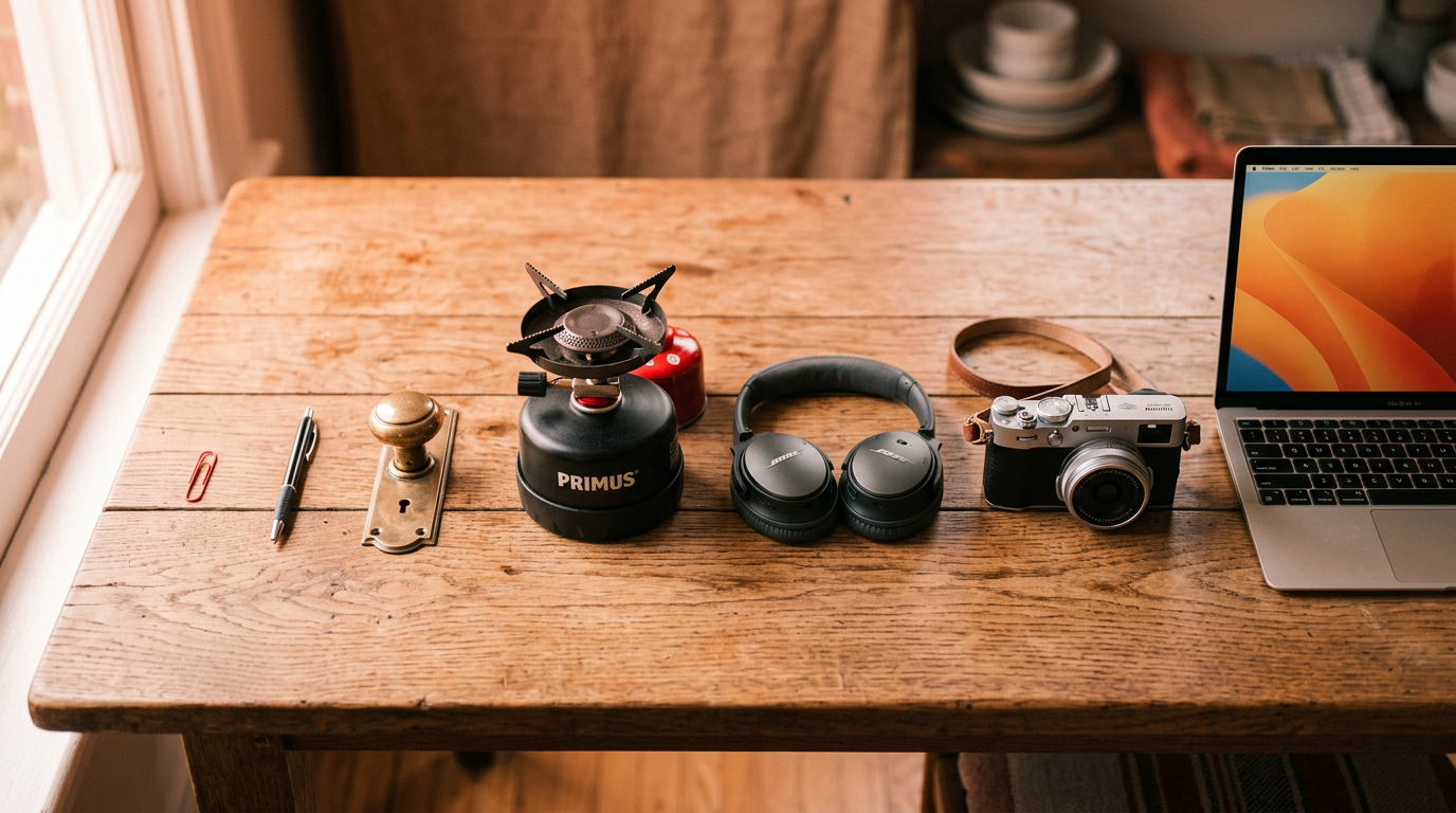 A series of items laid out to show a successful trade-up progression from a small paperclip to larger items.
