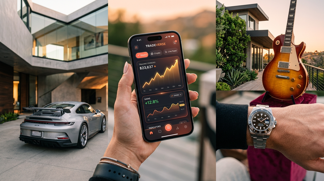A smartphone displaying a gamified bartering app, surrounded by dream items like a car and a house.