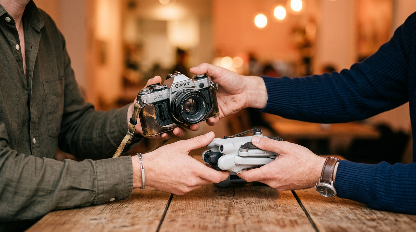 Two people's hands shown completing a trade, exchanging a camera for a drone.