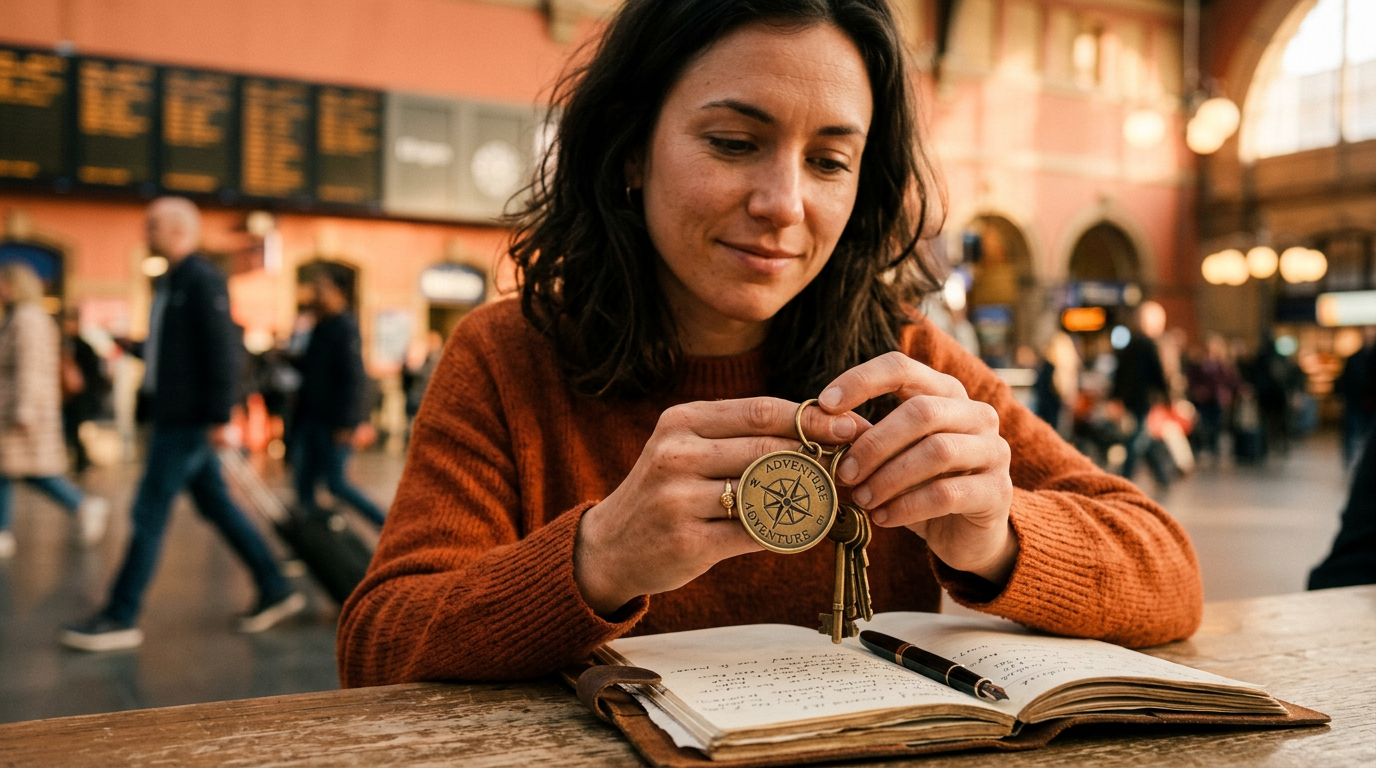 A person thoughtfully holds a small item, representing the first step in an item trading challenge.