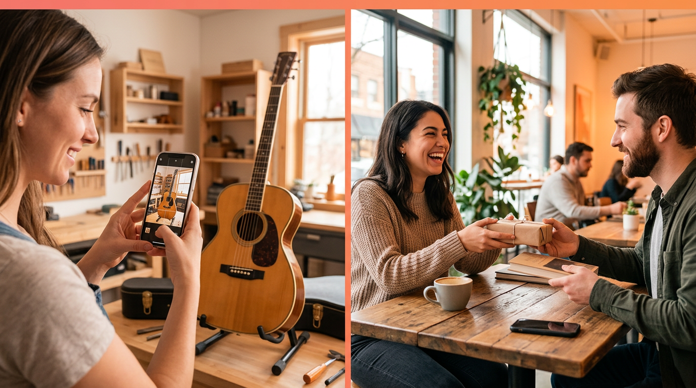 A person photographs an item for their trade-up listing, followed by a successful in-person swap.