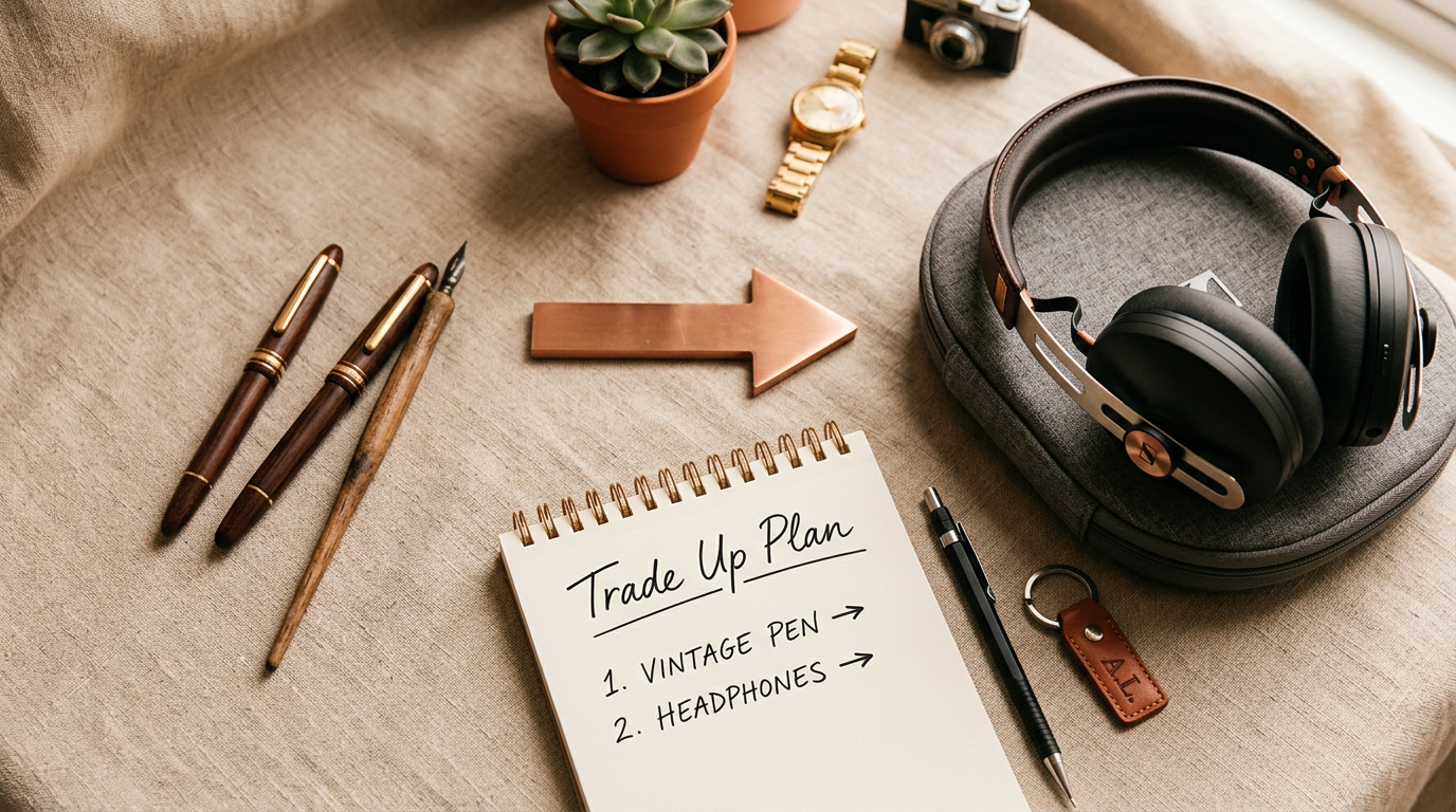 A flat lay illustrating a strategic trade up from a pen to headphones.