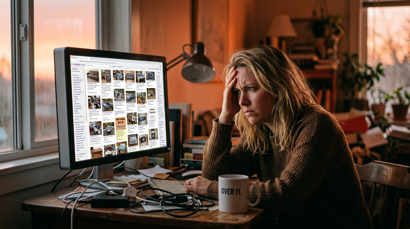A person frustrated with old, cluttered bartering websites.
