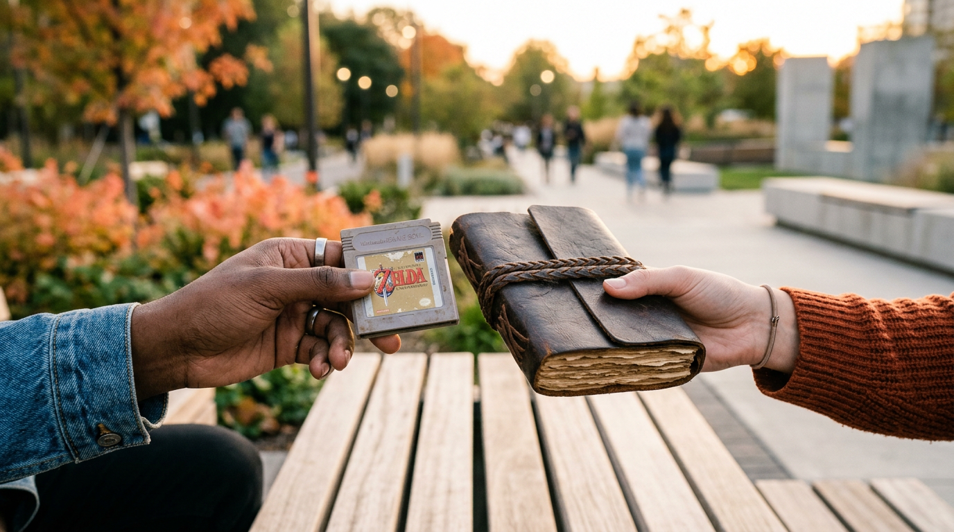 Two people meeting in a park to swap items using a trade stuff app.