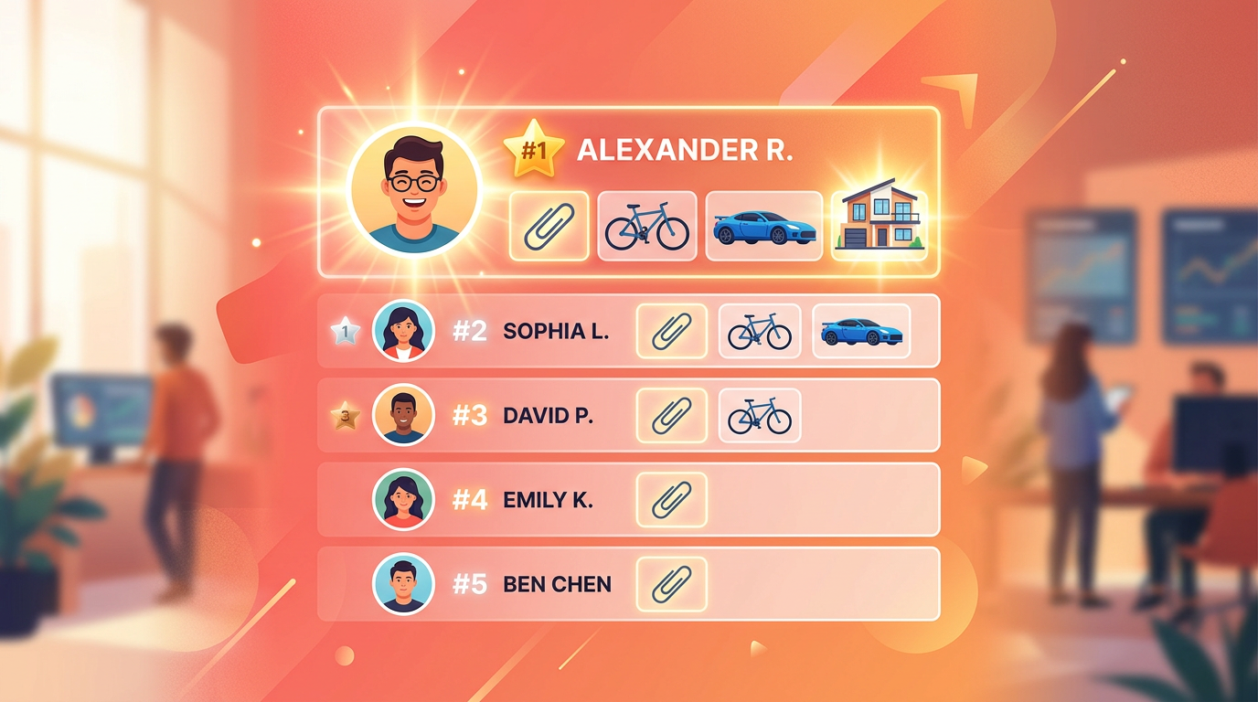 An illustration of a barter leaderboard, showing traders climbing the ranks by trading up items.