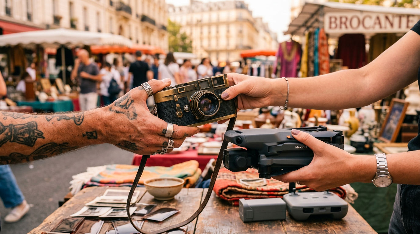 Two people bartering a vintage camera for a drone at an outdoor market.