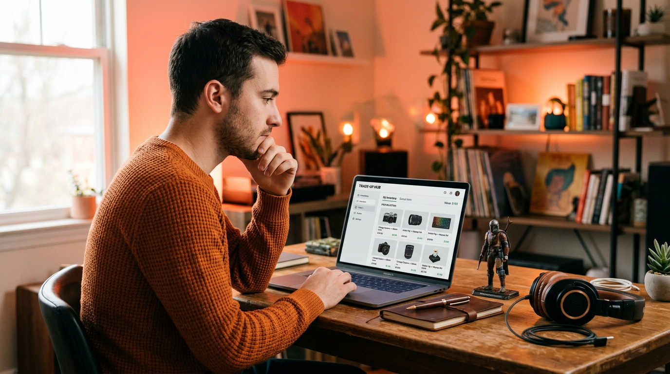 A trader planning their next move on a barter app with potential items laid out on their desk.