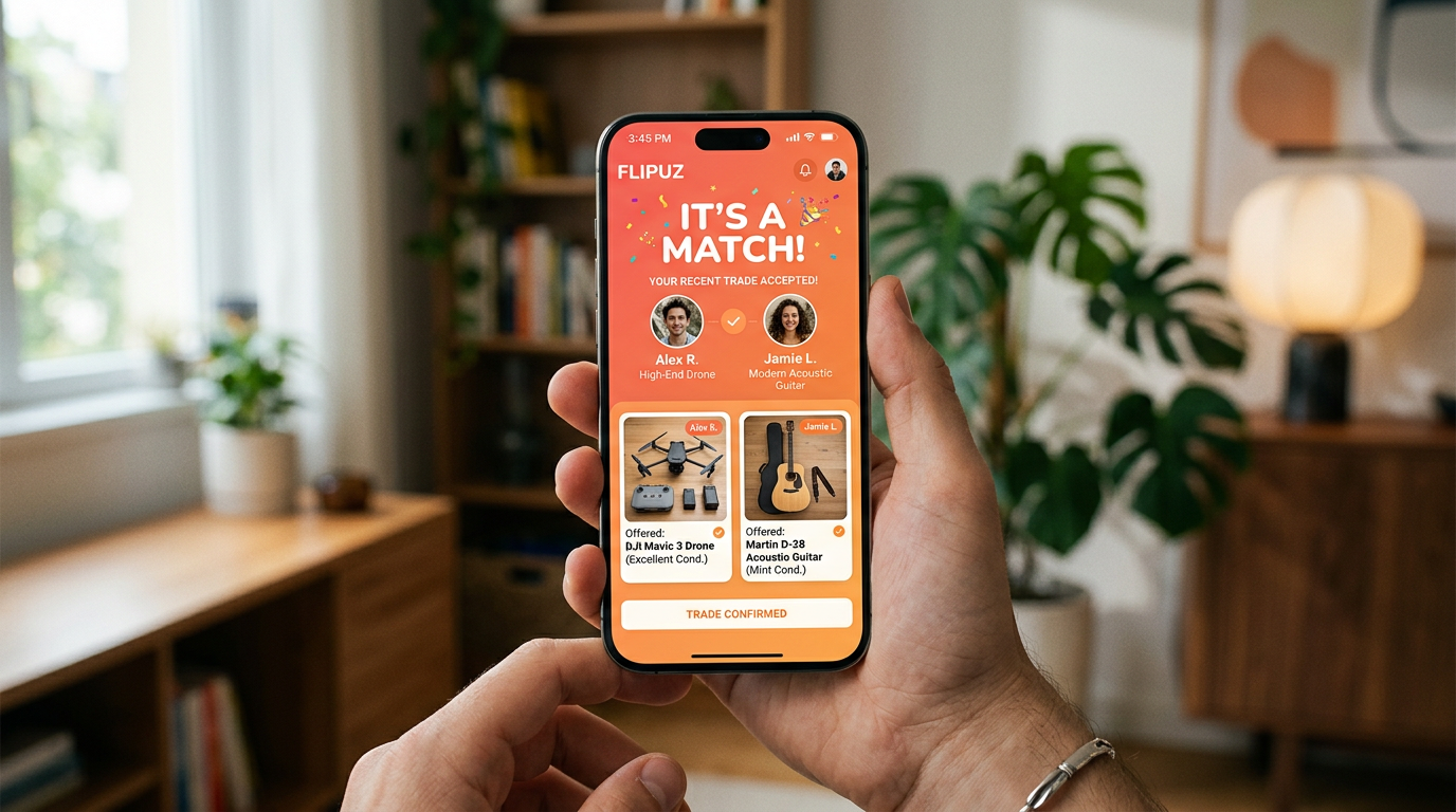 A smartphone screen showing a successful trade match on the Flipuz app, illustrating the ease and excitement of modern bartering.