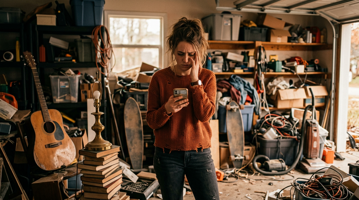A person looking overwhelmed by the clutter of items they could trade, representing the chaos of starting a trade up challenge traditionally.