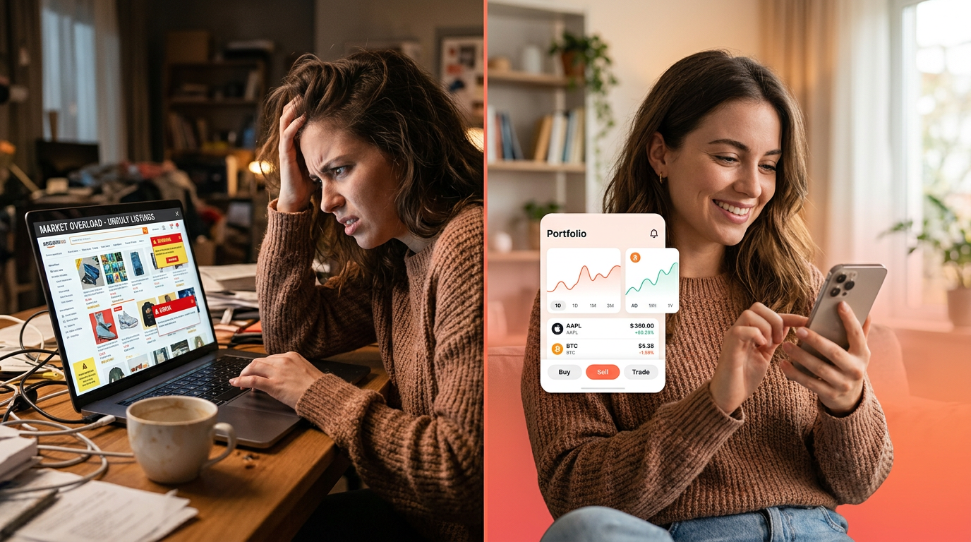 A comparison showing the frustrating experience of old bartering sites versus the simple, enjoyable trading on the Flipuz app.
