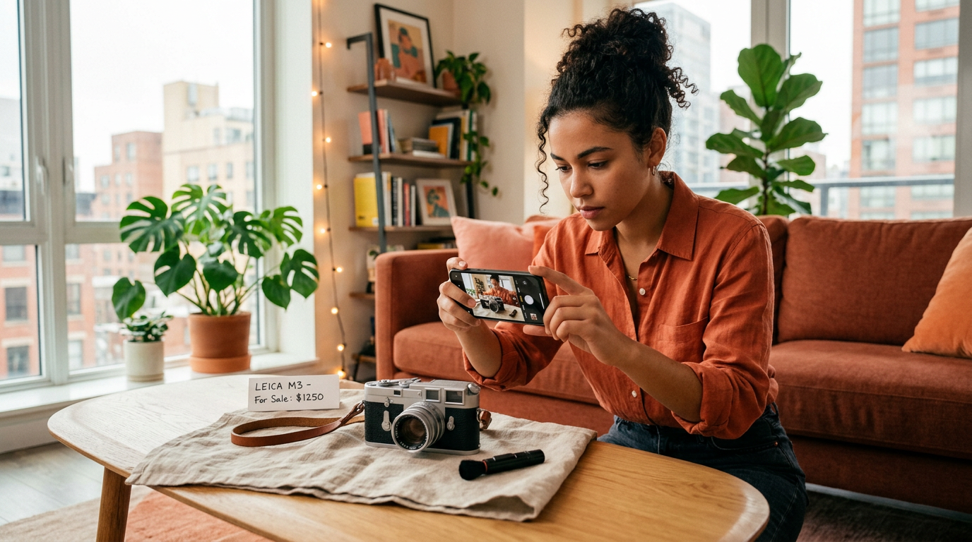 A user taking a high-quality photo of an item to list for a trade-up challenge on the Flipuz app.