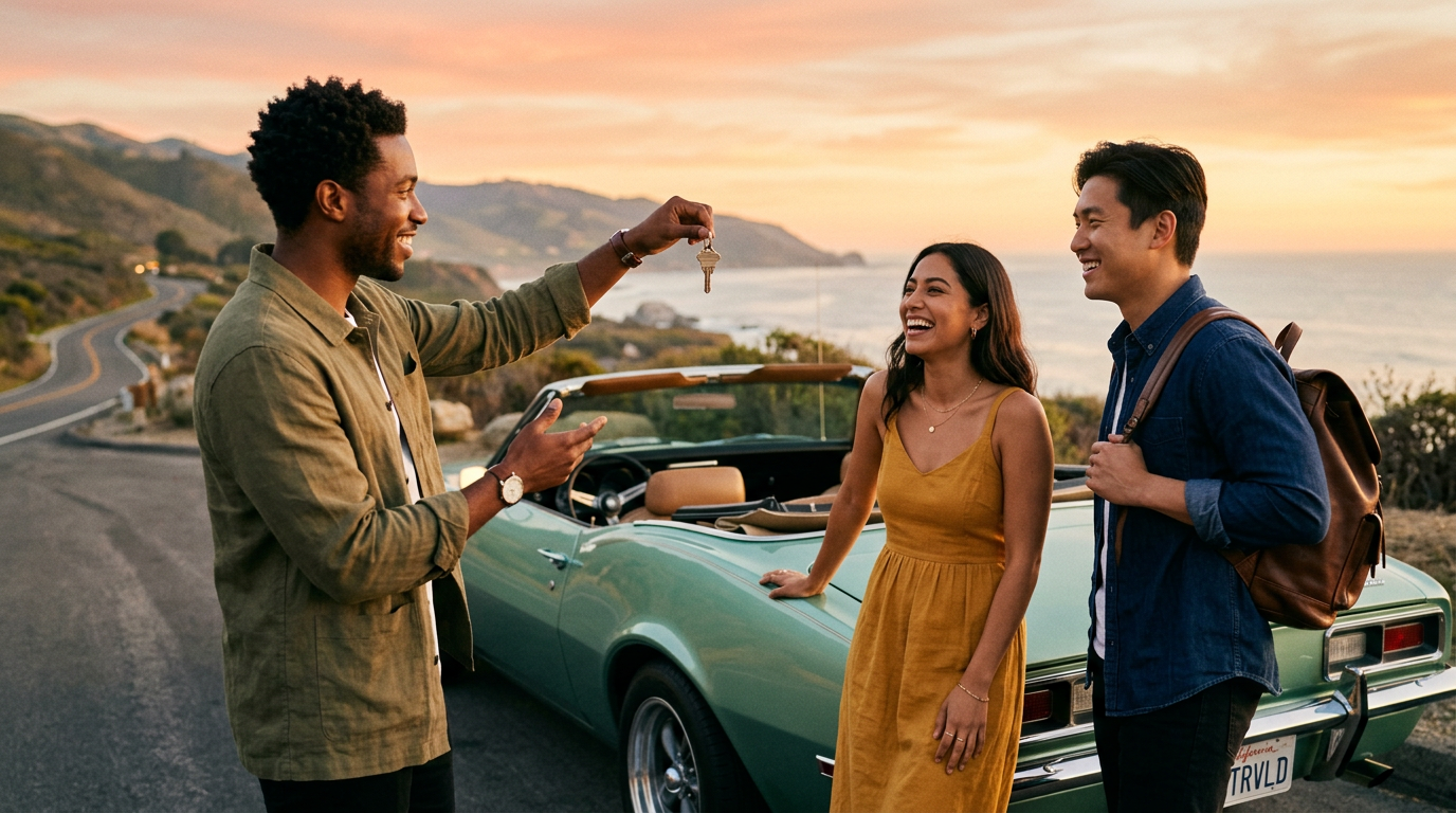 Friends celebrating achieving their trade-up dream of owning a car.