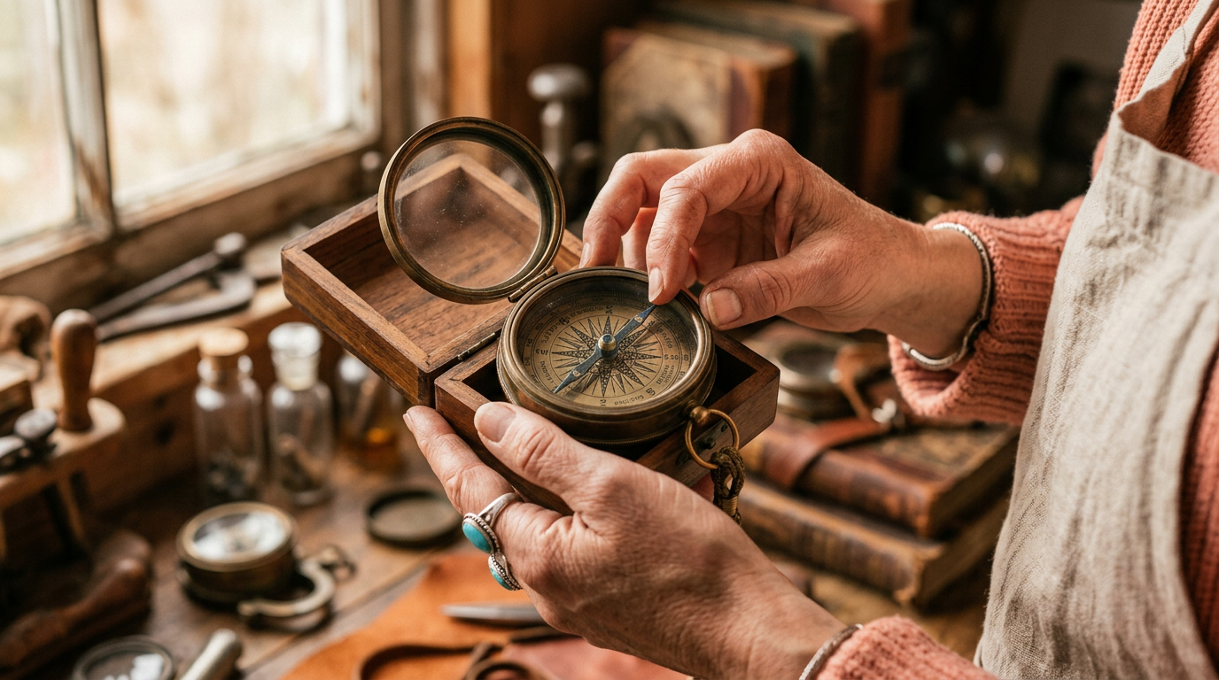 A person closely inspecting a small, valuable-looking item, symbolizing the start of a trade up journey.