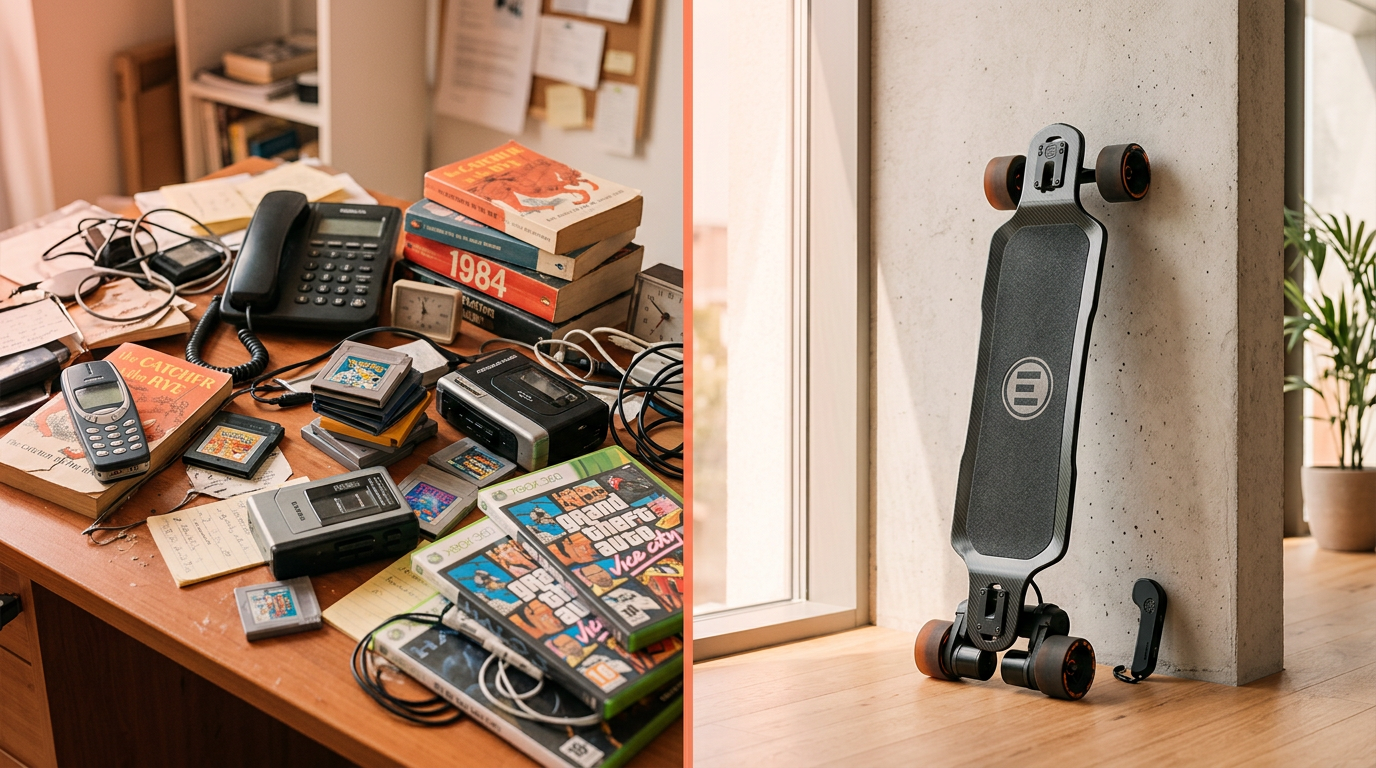 A before-and-after image showing a collection of small items traded up for one high-value electric skateboard.