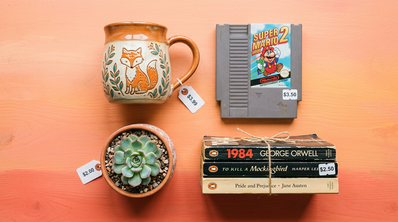 A collection of ideal starter items for a ten-dollar trade-up challenge, including a mug, video game, and books.