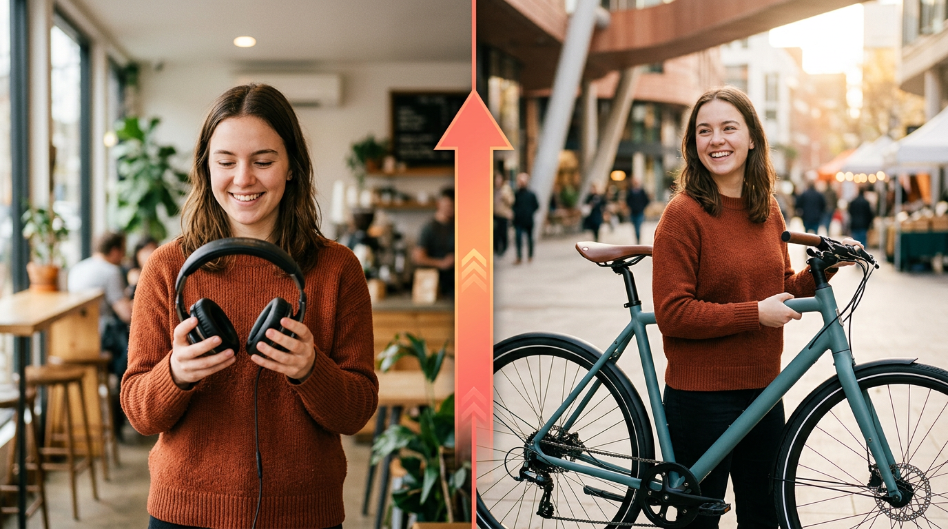 An image illustrating a successful trade from headphones to a bicycle, showing an increase in value.