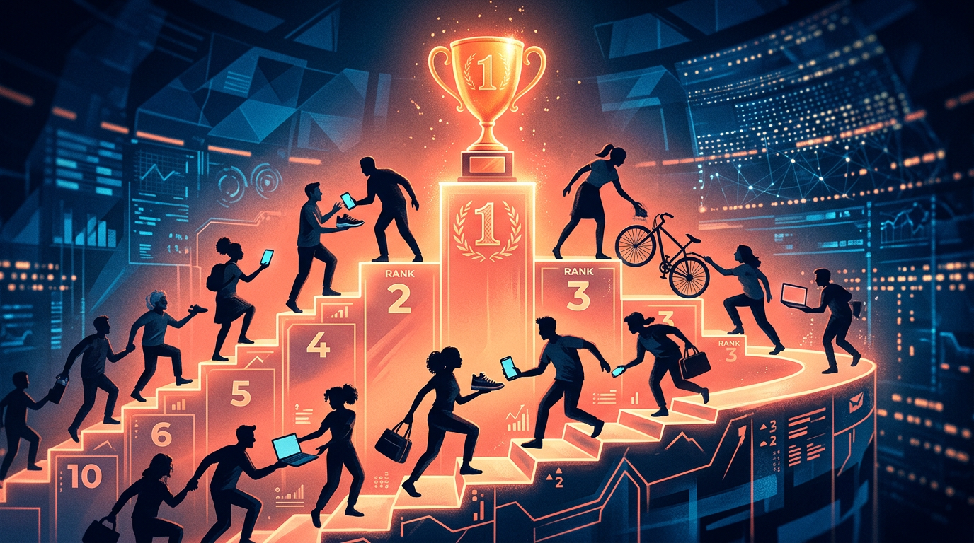 A trophy at the top of a digital leaderboard in a marketplace.