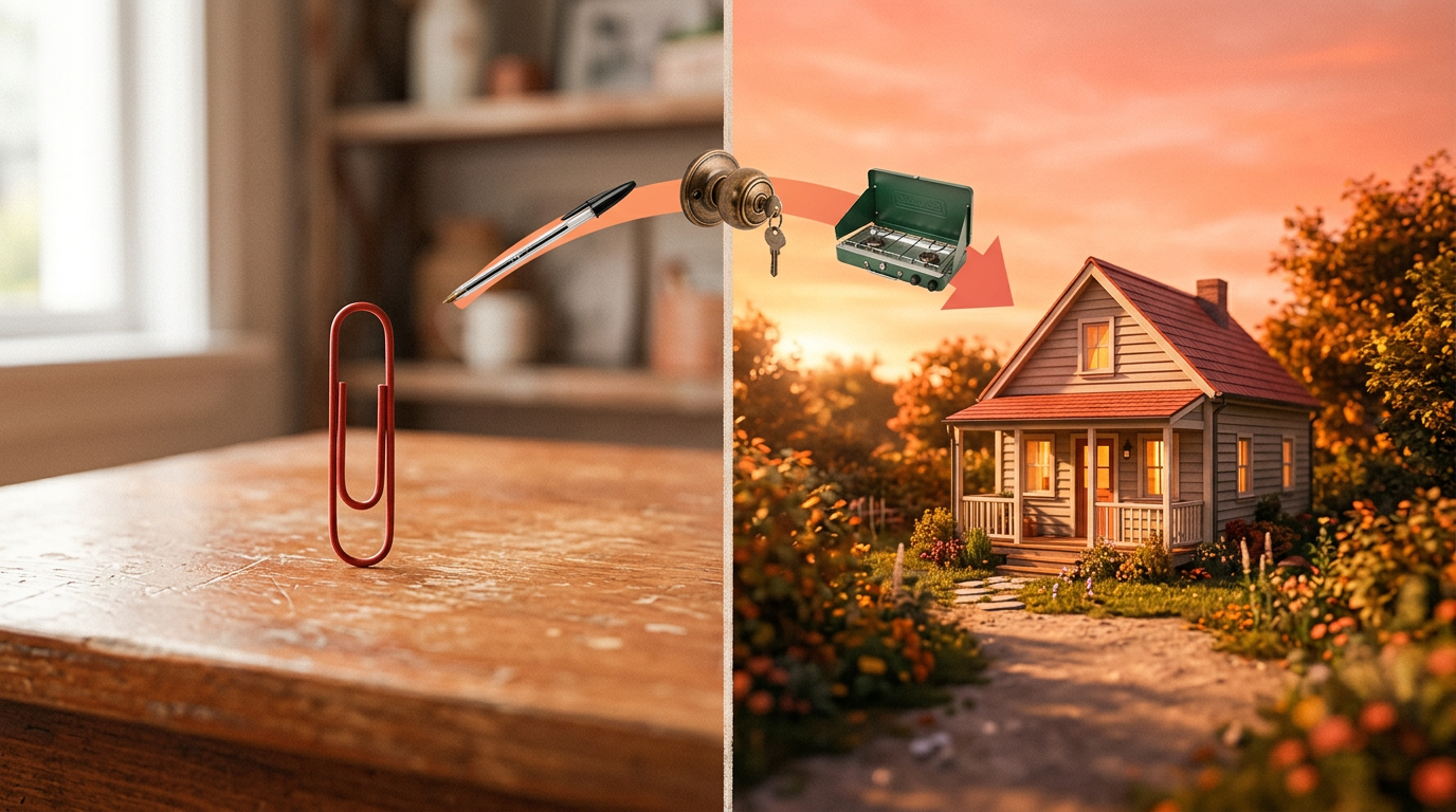 An illustration showing the trade-up progression from a red paperclip to a house.