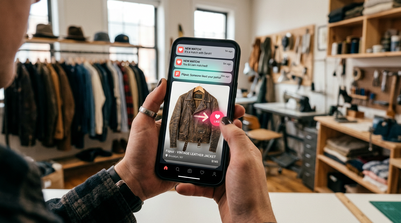 A user engaging with the Flipuz trading game app on their phone, swiping to find a match.