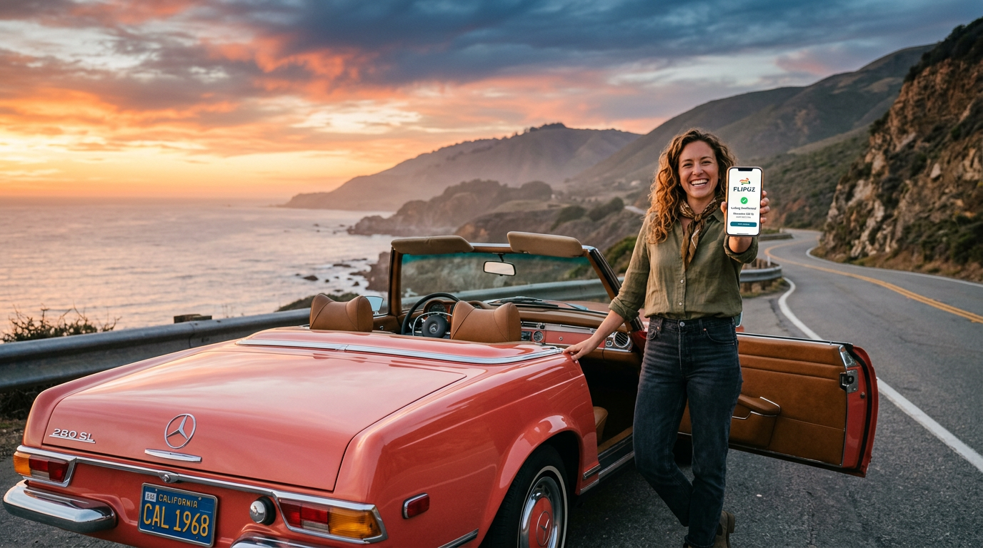 A successful Flipuz user celebrating their ultimate trade-up prize: a classic convertible car.