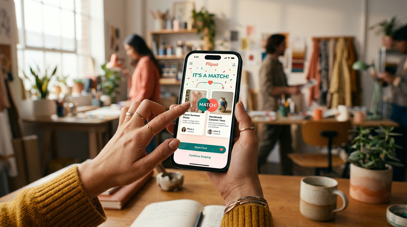 A user swiping on the Flipuz app, making a trade to climb the leaderboard.