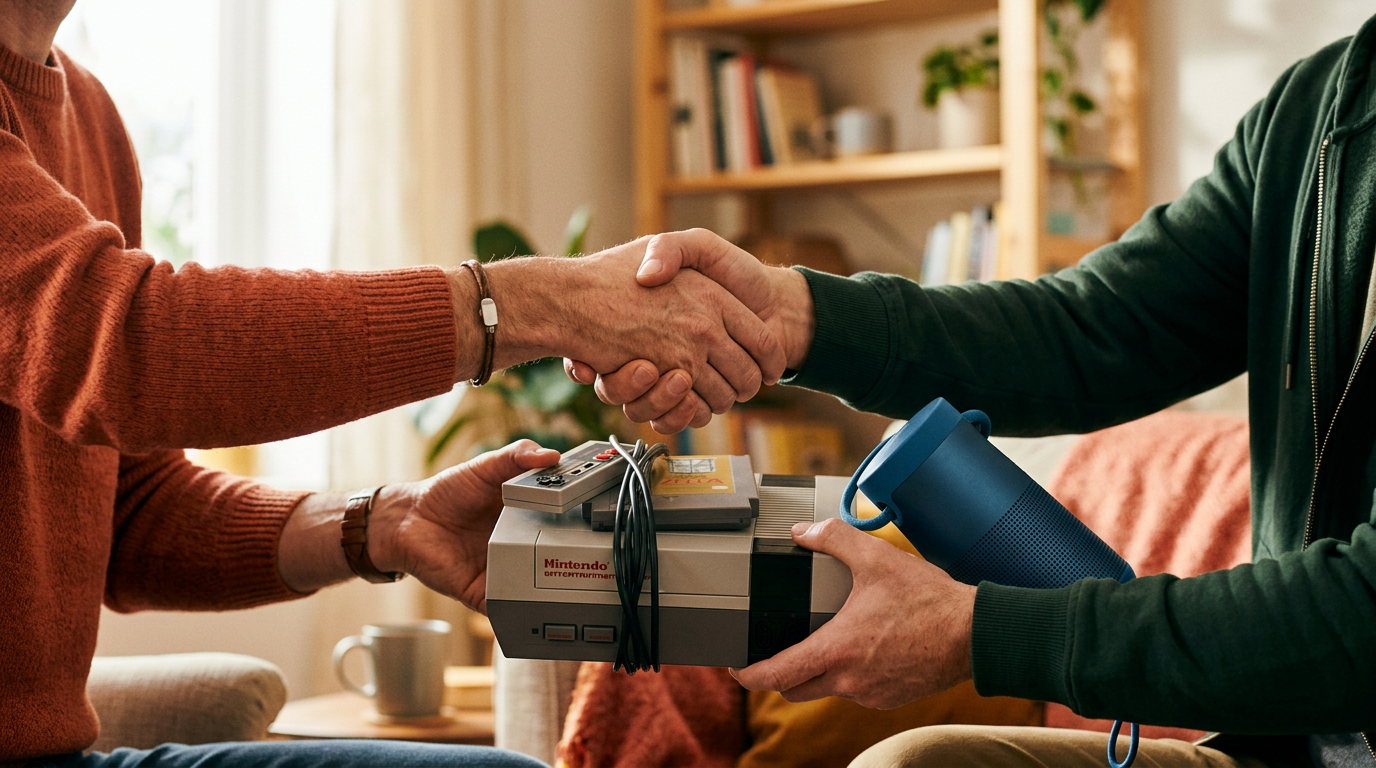 Two people shaking hands after completing a trade, exchanging a game console for a speaker on the Flipuz app.