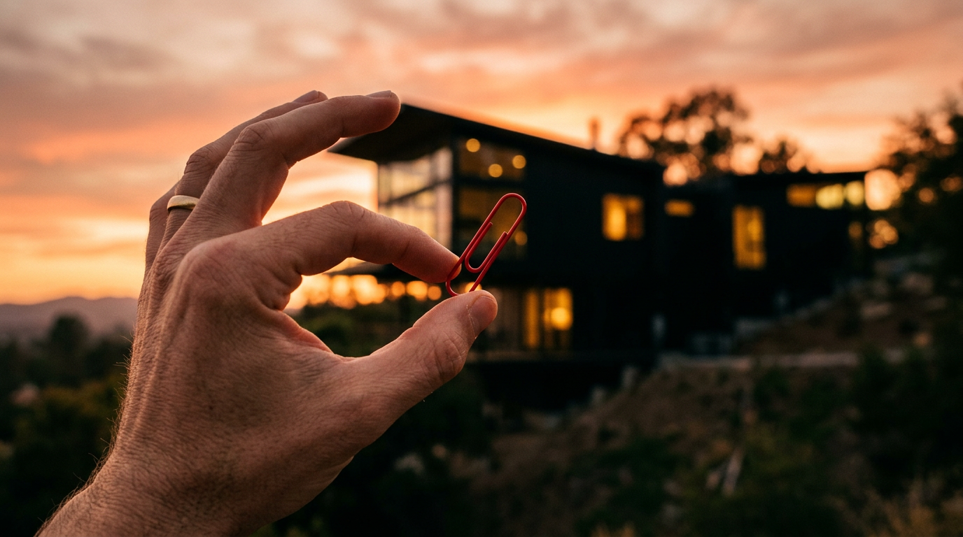 A hand holding a red paperclip, symbolizing the start of a trade up challenge, with a house in the background.