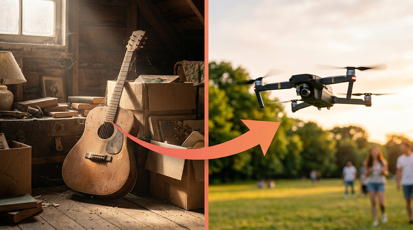 An illustration showing how you can trade an old guitar for a new drone using a bartering app.