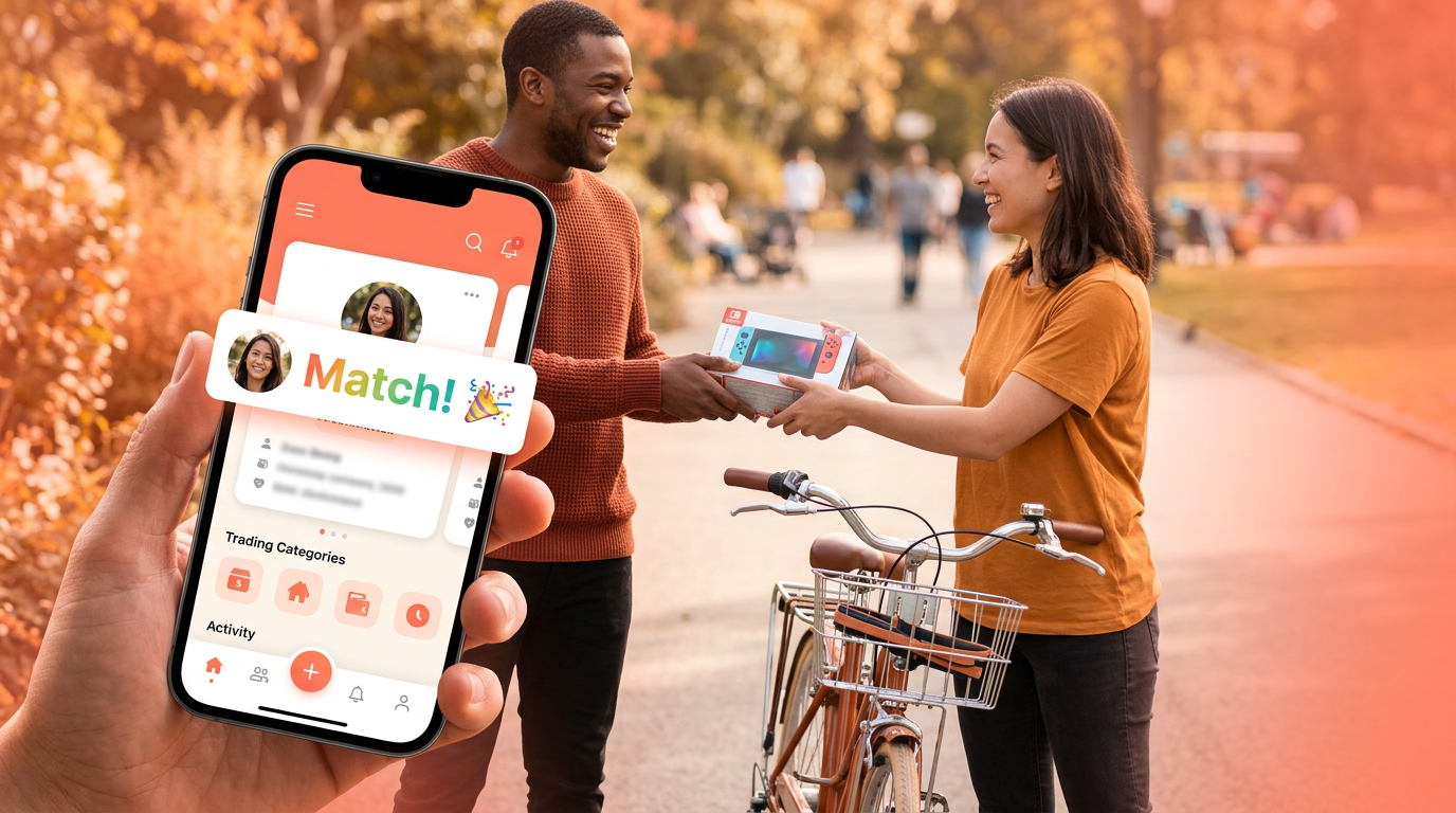 A person using the Flipuz online trading app on their phone, which shows a successful trade match.