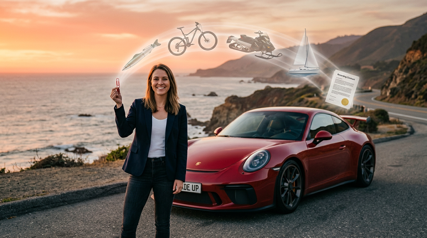 A visual representation of the red paperclip trade-up challenge, showing the journey from a paperclip to a car.